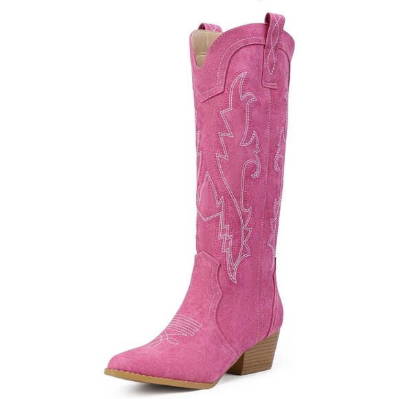 Women's Pink Cowgirl Knee High Western Tall Boot Chunky Low Pointed Toe Booties - Picture 1 of 6
